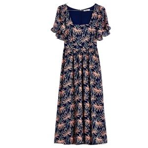 Madewell Oasis Palms Navy Blue Ikat Cattails Nightfall Ruffle Sleeve Midi Dress